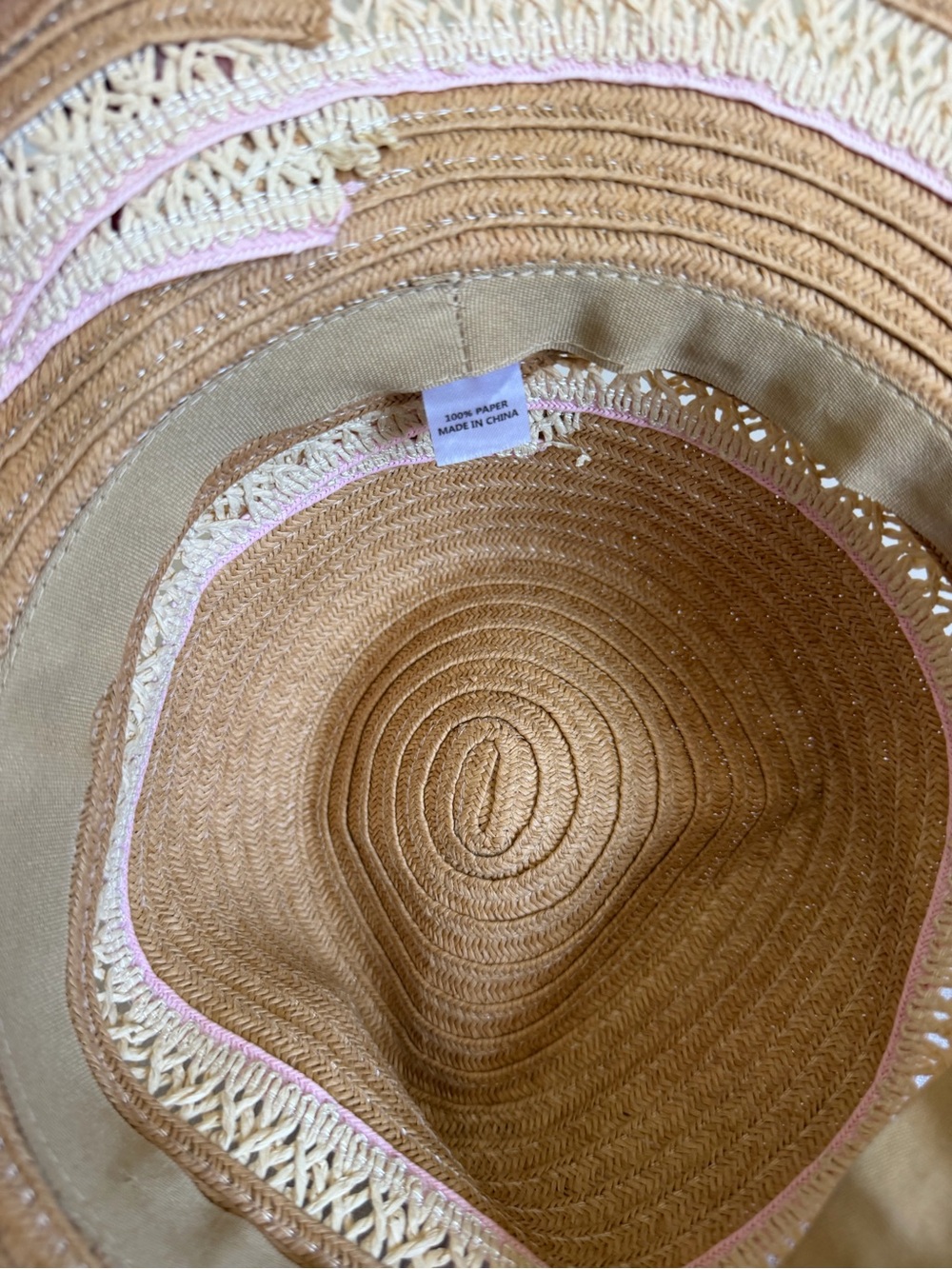 Women's Tan Straw Sun Hat with Cream Trim and Subtle Pink Edge - Picture 7 of 8